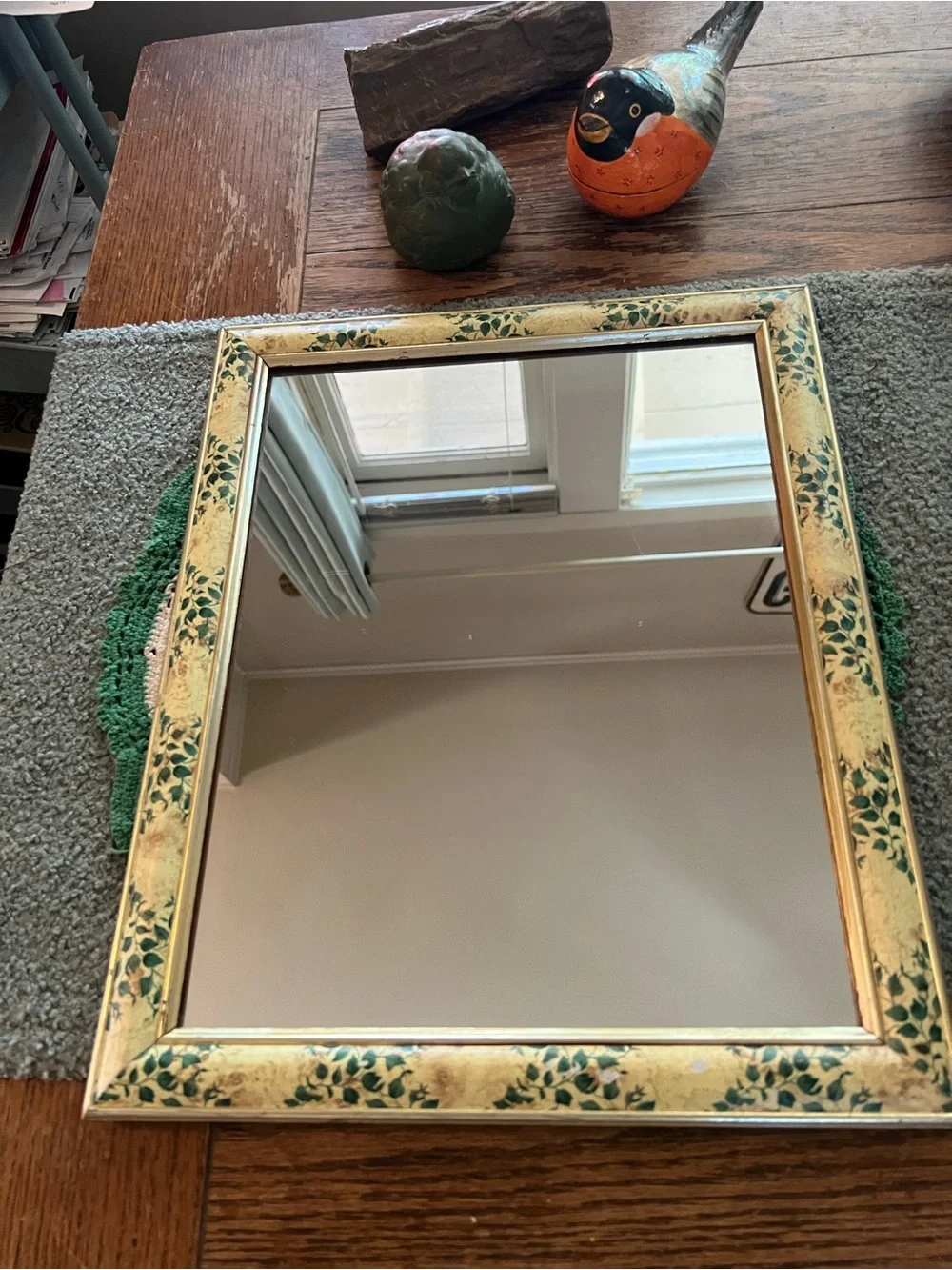 Vintage Gold & Green Floral Wall Mirror Large 16” by 13” gorgeous very well-made